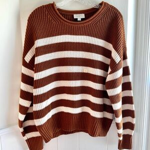 LOFT NWT Brown and Cream Roll Neck Striped Crew Neck Sweater Women’s Size L